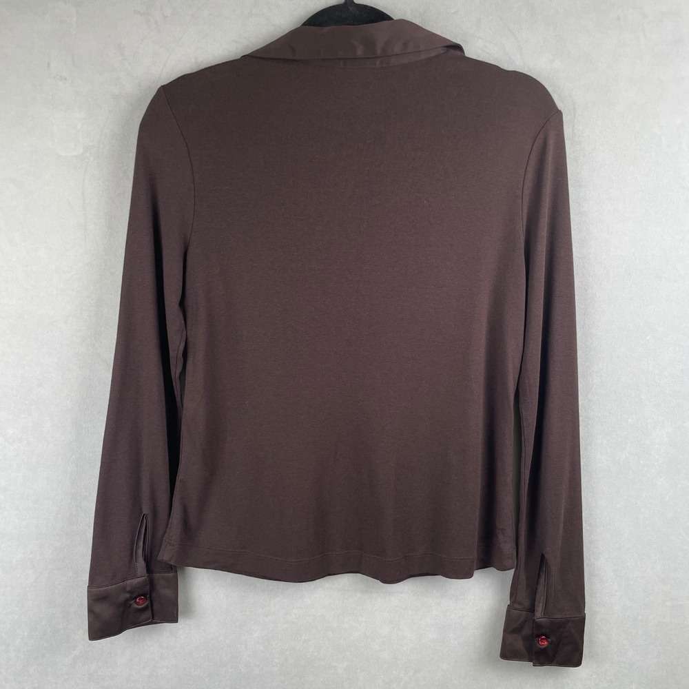 Merona Brown Pima Cotton Modal Long Sleeve V-Neck Top Satin Corporate Chic Hip M - Picture 2 of 6